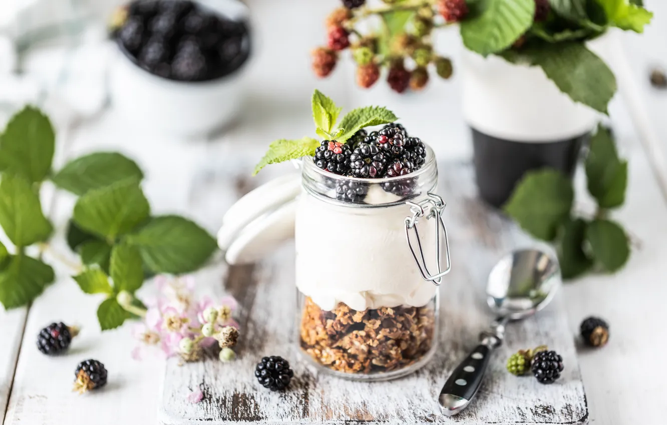 Photo wallpaper berries, Breakfast, Bank, BlackBerry, yogurt, granola, Karina Klachuk