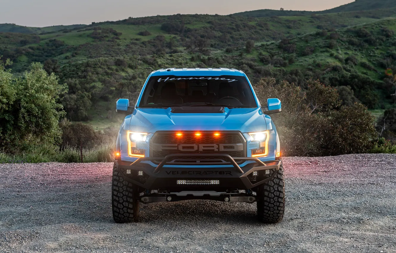 Photo wallpaper lights, Ford, front view, Raptor, pickup, F-150, Hennessey, 2019
