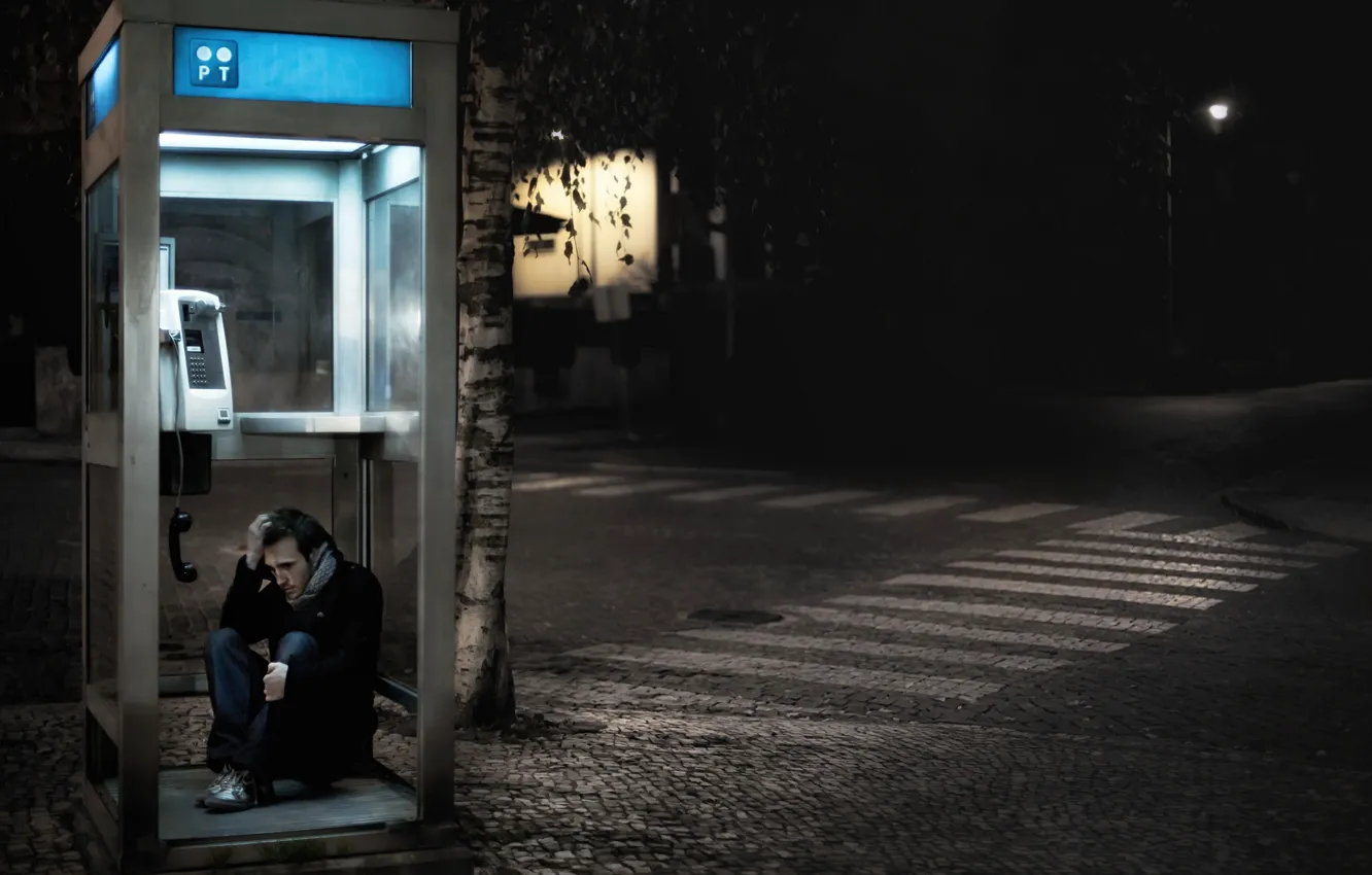 Photo wallpaper night, the city, phone booth, the trouble