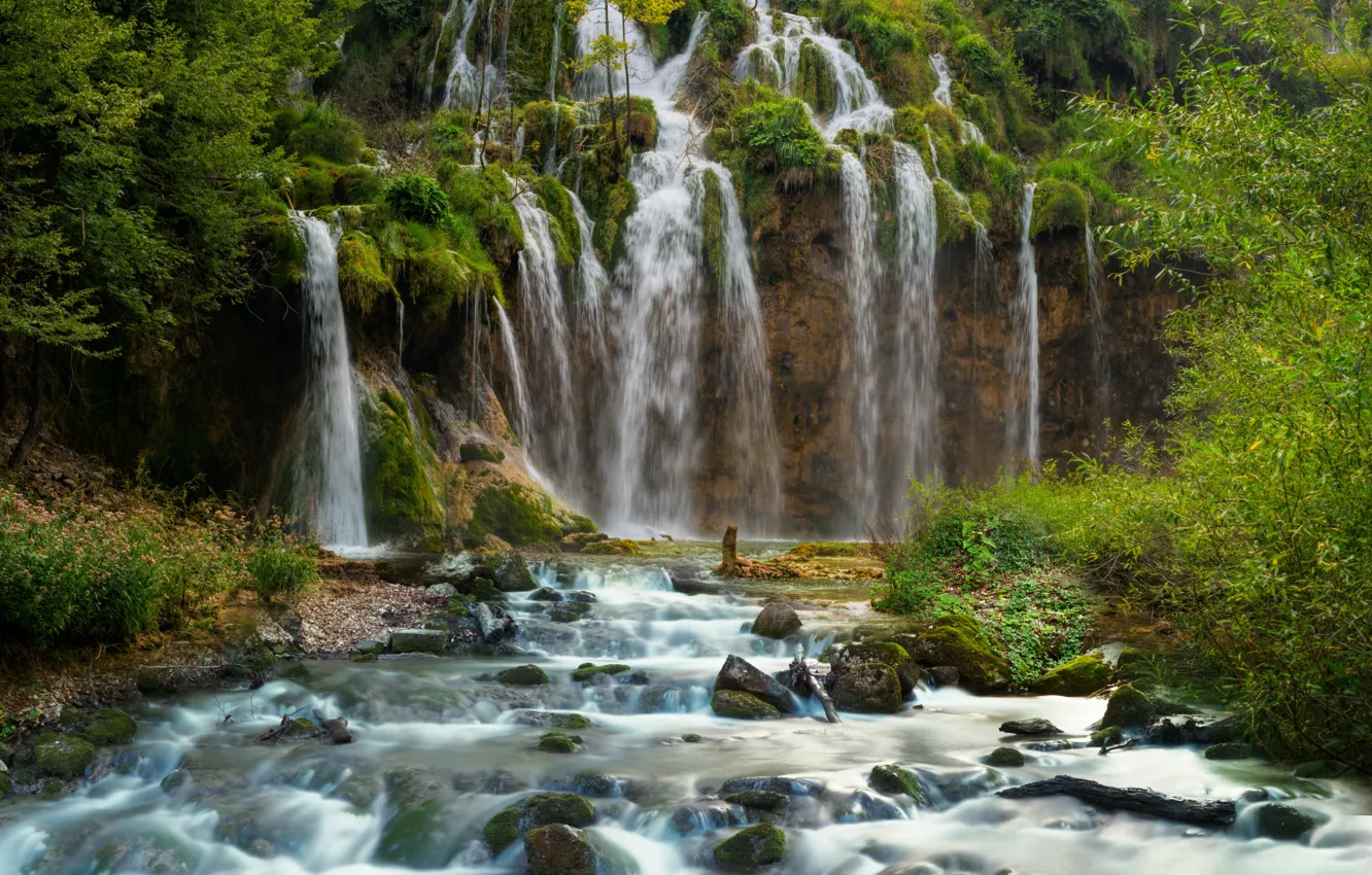 Photo wallpaper forest, rock, stream, stones, for, waterfall, Croatia, Plitvice National Park