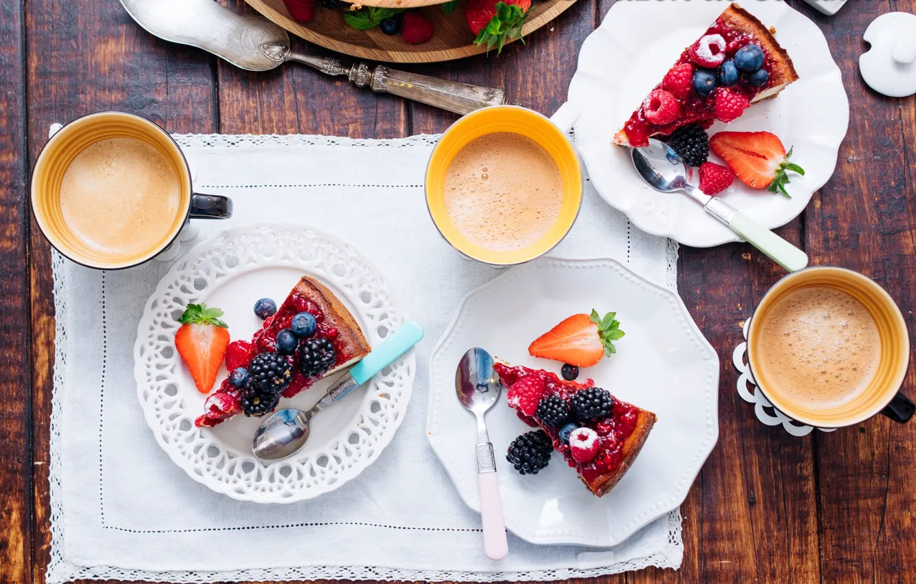 Photo wallpaper berries, coffee, plates, cheesecake