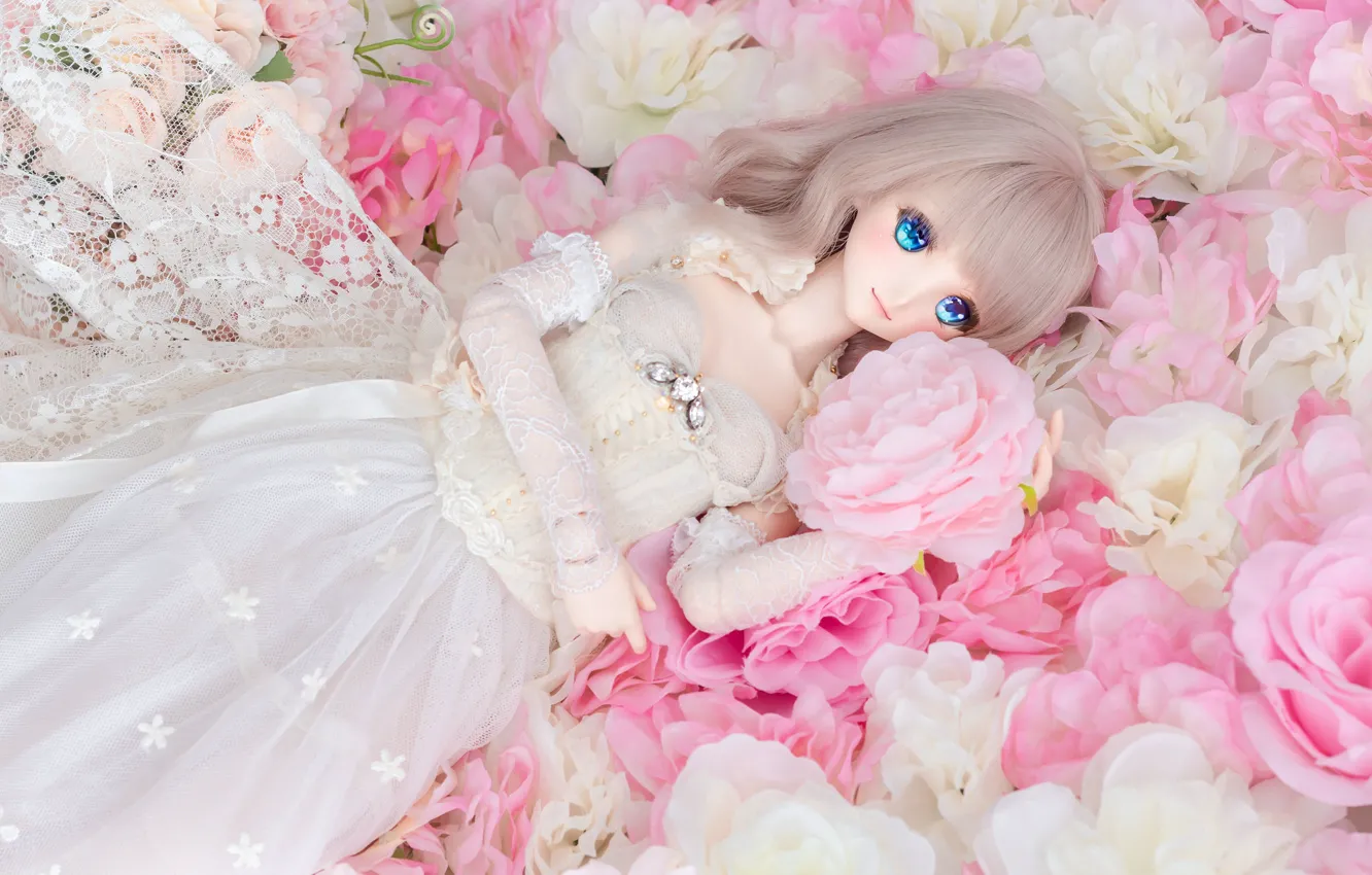Photo wallpaper eyes, flowers, doll, dress, blonde
