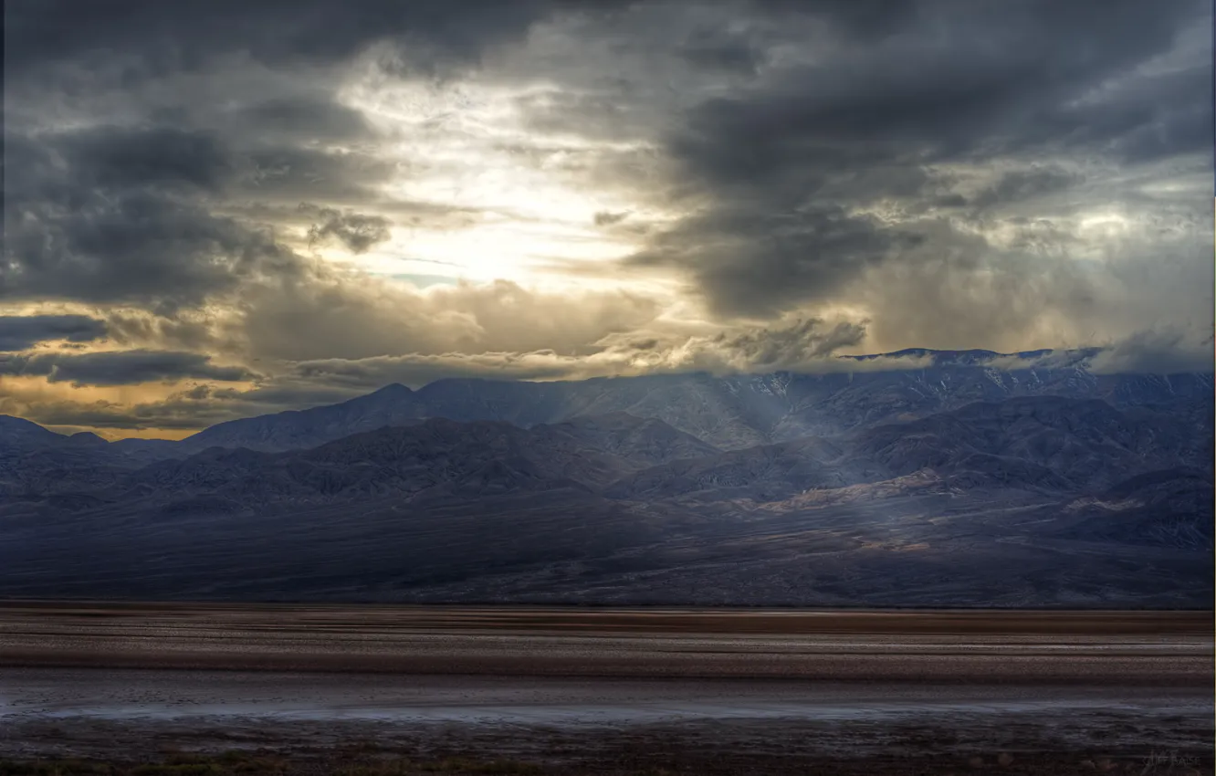 Photo wallpaper the sun, clouds, mountains, sunshine, mountains, clouds