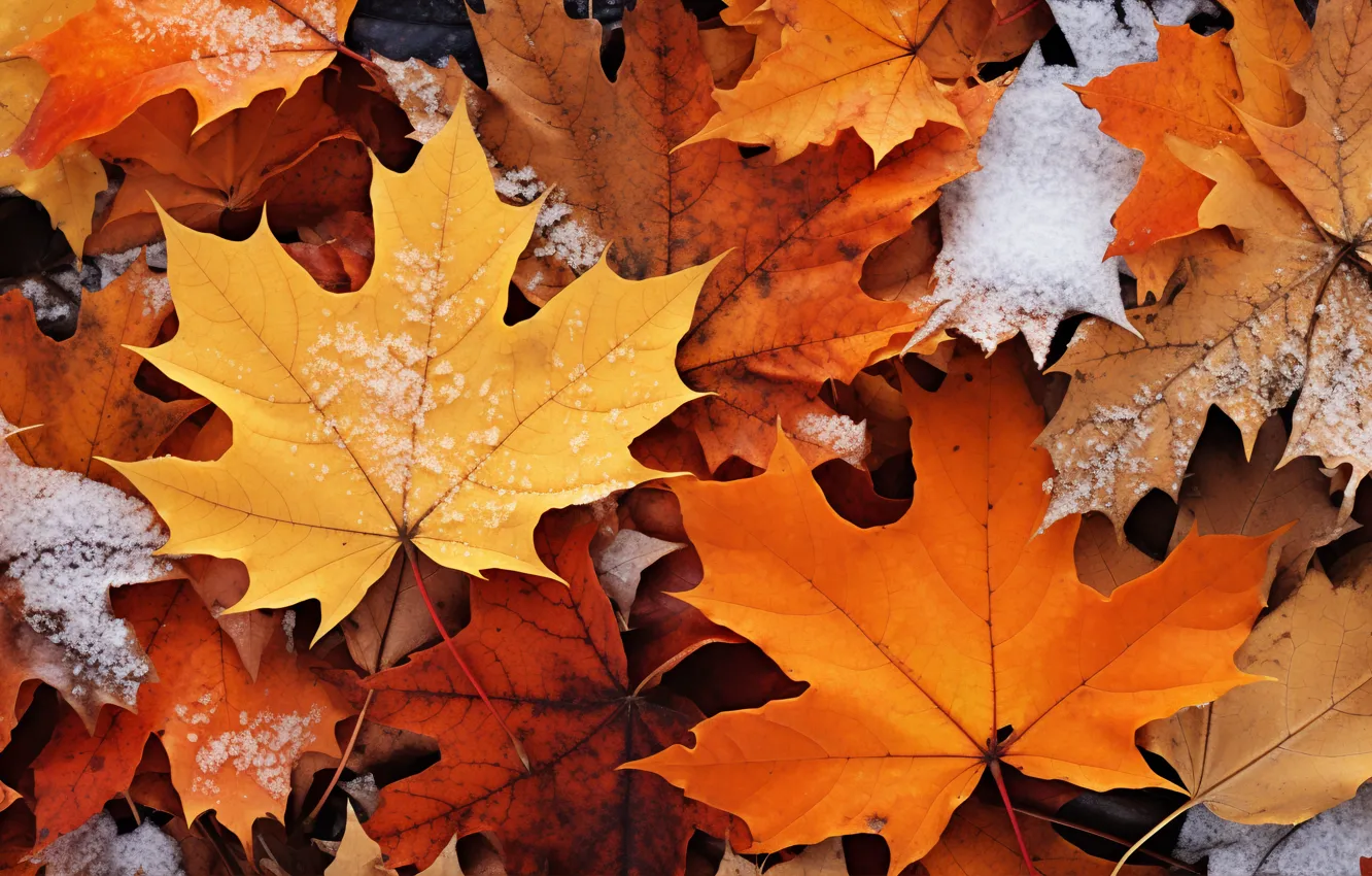 Photo wallpaper winter, autumn, leaves, snow, background, maple, close-up, winter