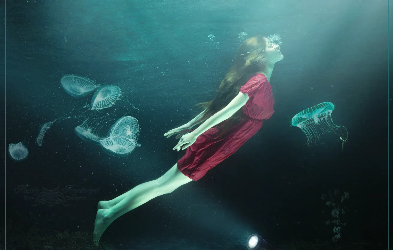 Photo wallpaper sea, girl, light, Medusa, flashlight, lantern, in the water, pond