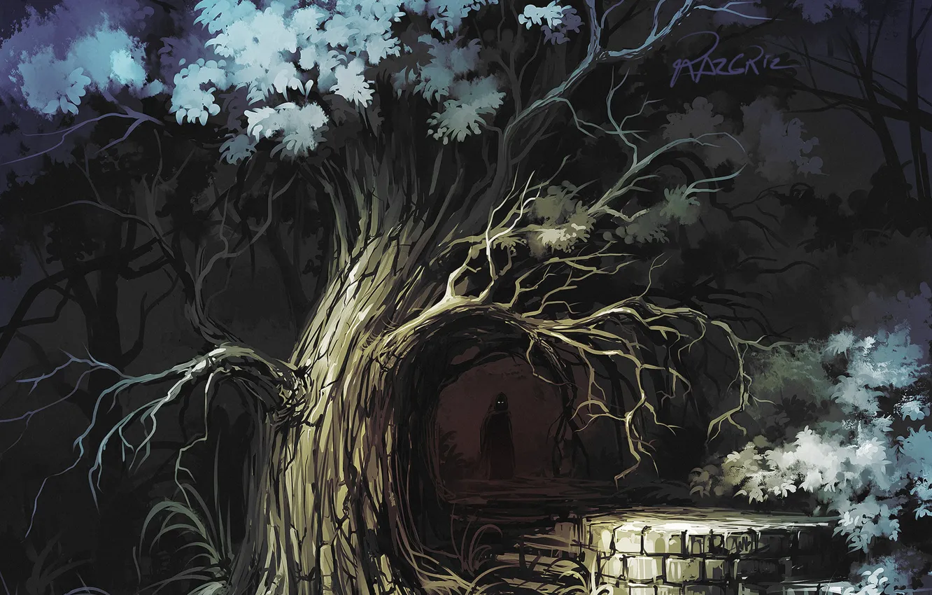 Photo wallpaper Tree, Figure, Forest, Silhouette, Darkness, Art, Roman Avseenko, by Roman Avseenko