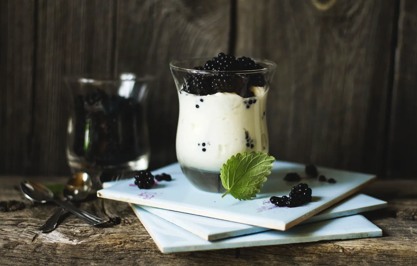 Photo wallpaper glass, spoon, ice cream, mint, dessert, BlackBerry, sweet, Anna Verdina