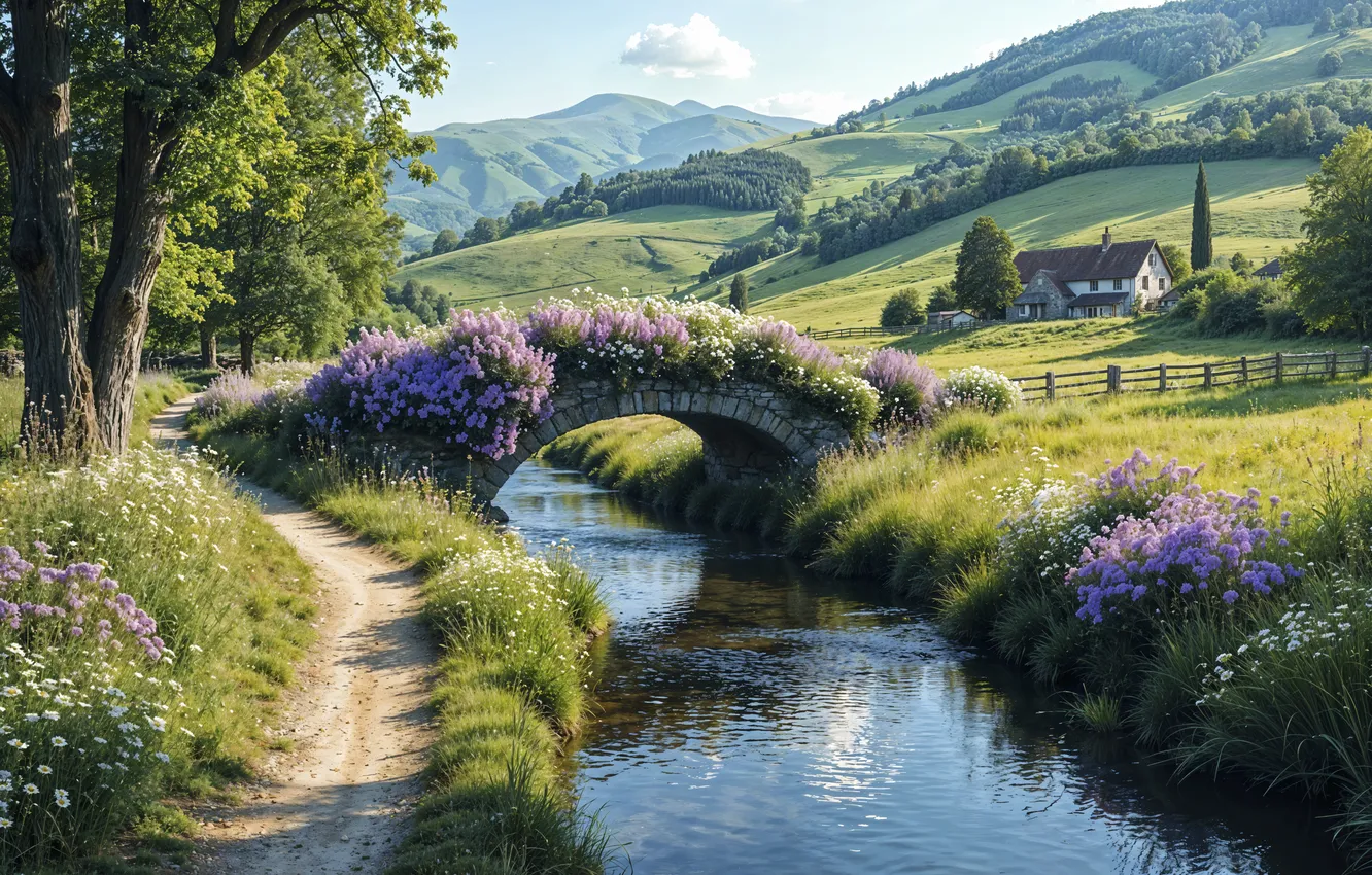 Photo wallpaper flowers, mountains, river, spring, village, meadow, blossom, flowers