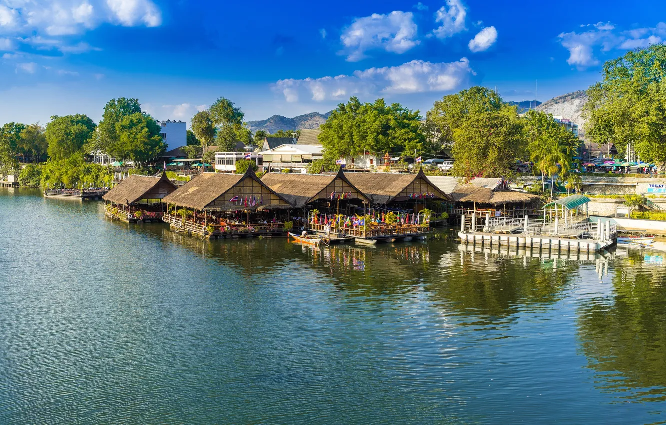 Photo wallpaper greens, the sky, the sun, clouds, trees, mountains, tropics, river