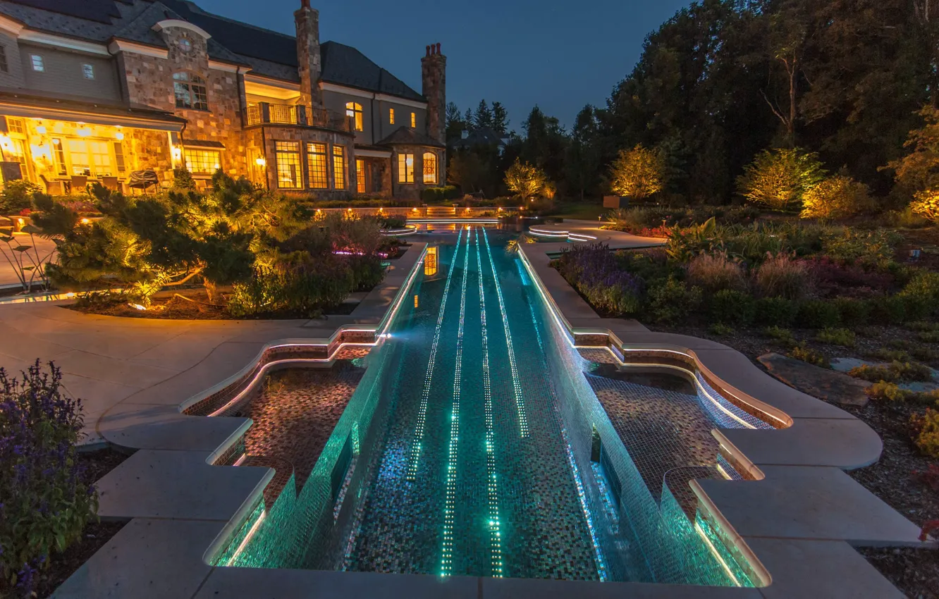 Photo wallpaper design, the evening, lighting, architecture, mansion, terrace, pool-guitar, Luxury villa