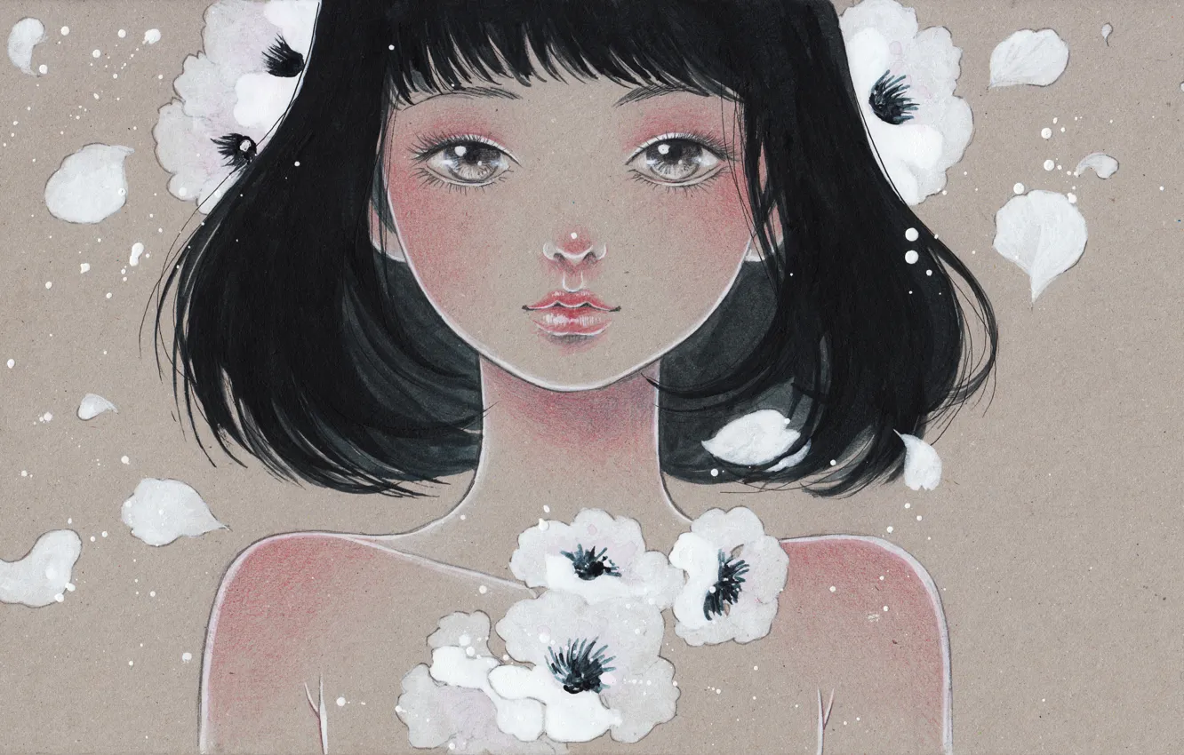 Photo wallpaper girl, flowers, face, figure, art, Victoria-Rivero