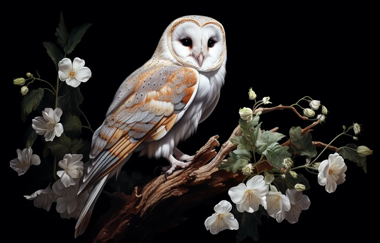 Photo wallpaper white, look, flowers, branches, nature, owl, bird, spring