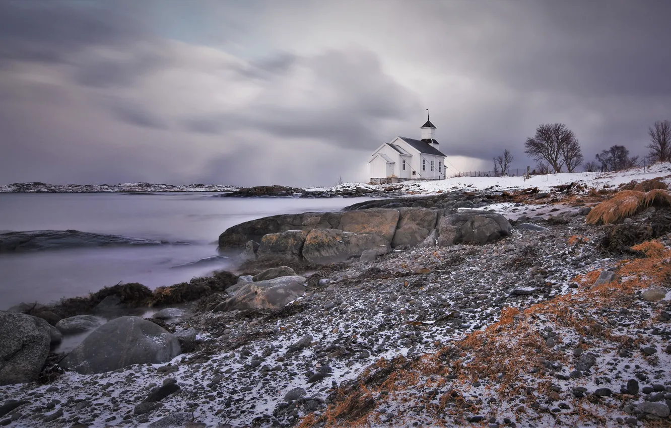 Photo wallpaper winter, snow, shore, Church, Lofoten