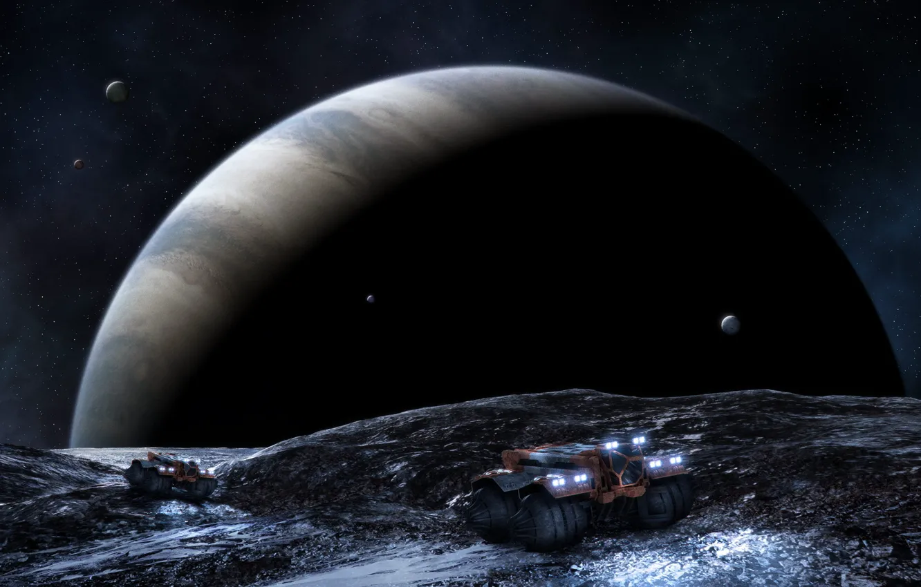 Photo wallpaper machine, stars, planet, satellite, gas giant