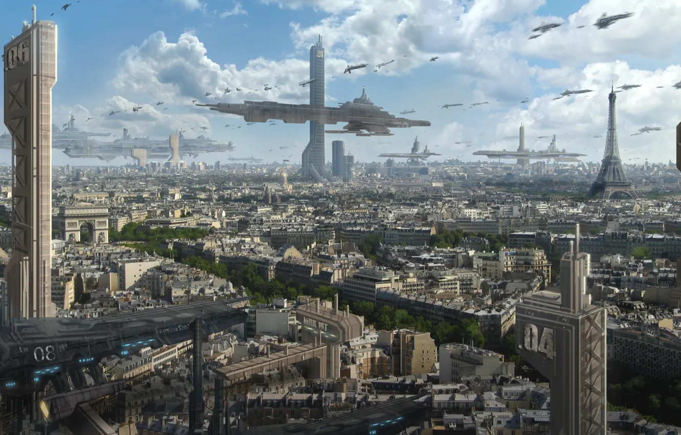 Photo wallpaper clouds, the city, future, transport, Eiffel tower, view, Paris, ships