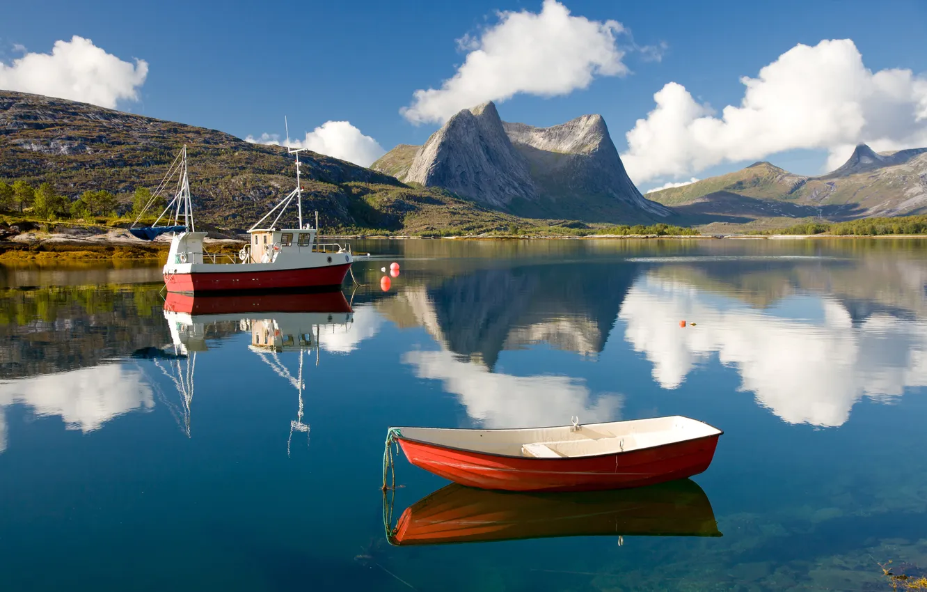 Photo wallpaper clouds, mountains, reflection, boat