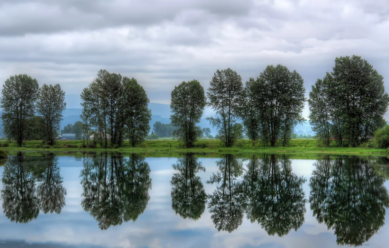 Photo wallpaper the sky, clouds, trees, river, Canada, Canada, British Columbia, Pitt Meadows