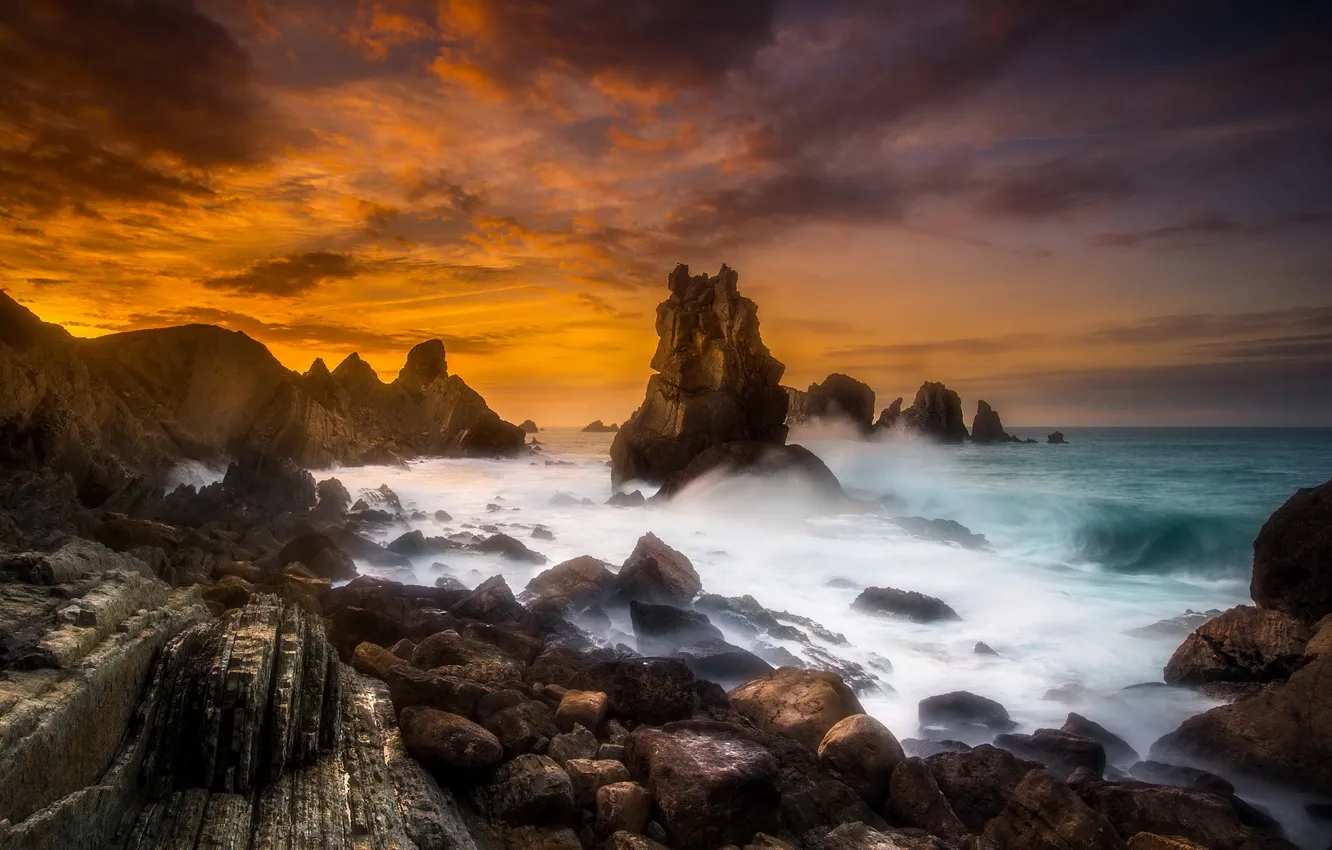 Photo wallpaper sea, sunset, rocks