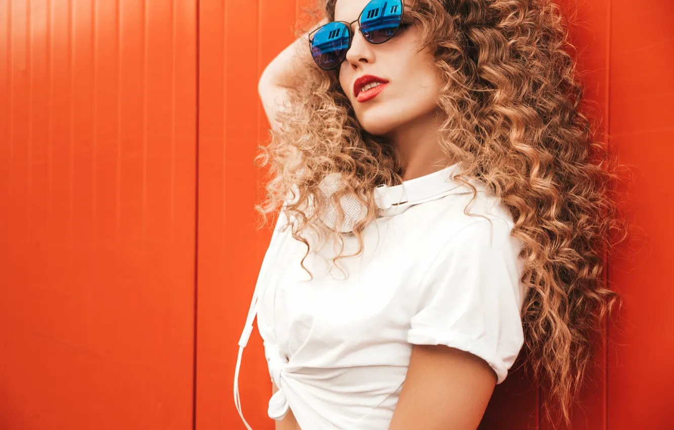 Photo wallpaper girl, pose, style, background, model, headphones, glasses, curls