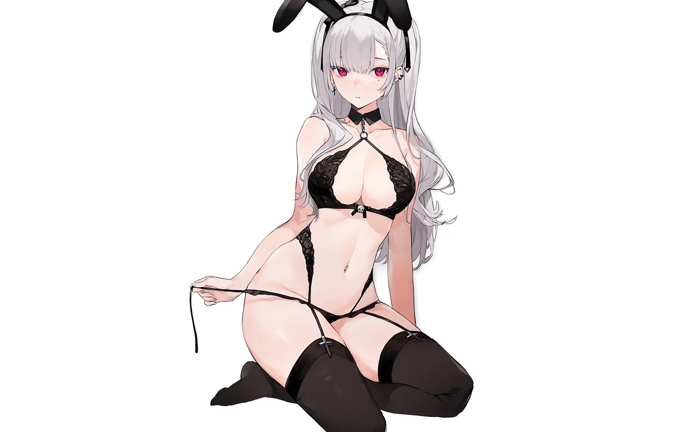 Photo wallpaper girl, sexy, lingerie, bra, cleavage, panties, thighhighs, long hair