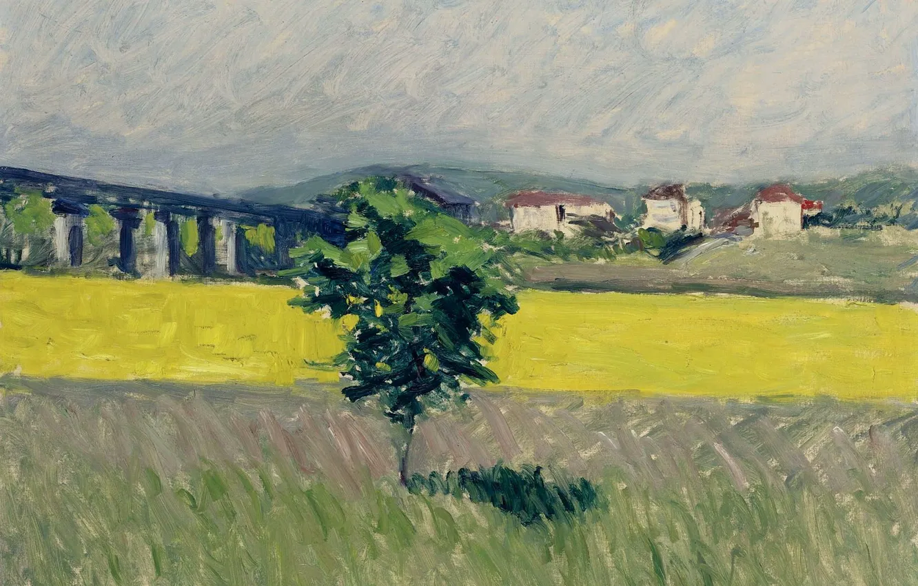 Photo wallpaper landscape, picture, Gustave Caillebotte, Gustave Cailleibotte, The meadow near the Bridge at Argenteuil