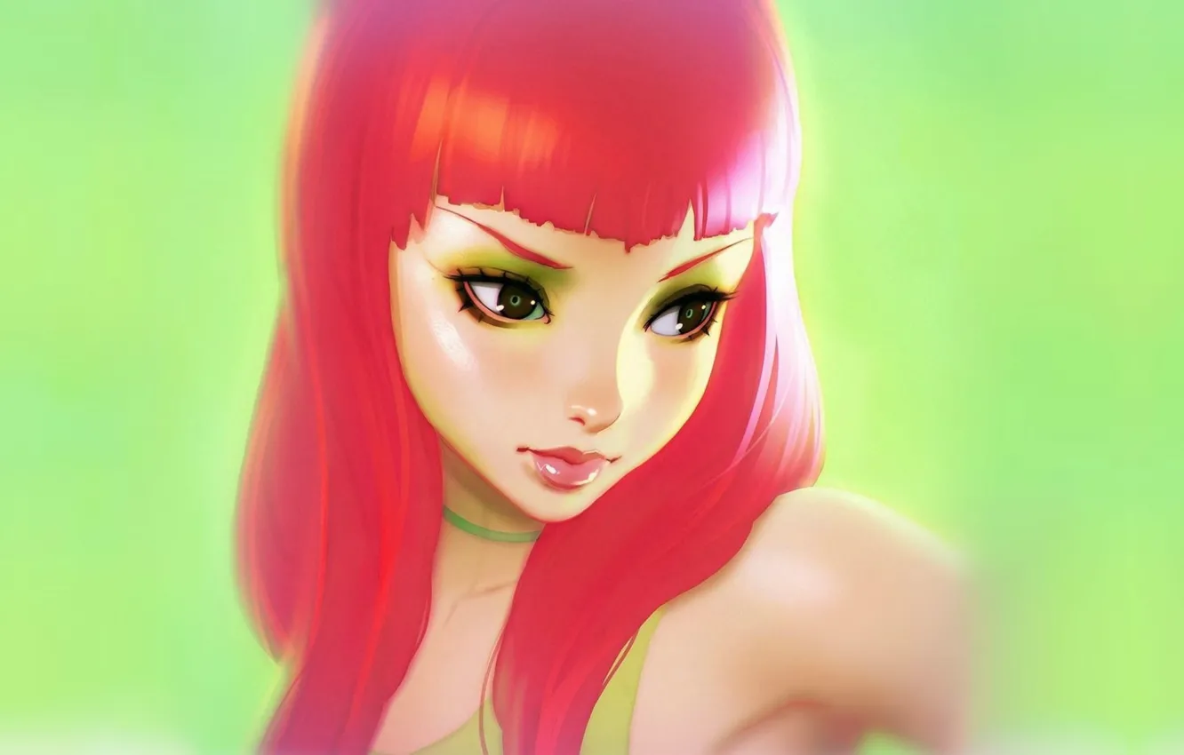 Photo wallpaper face, makeup, sponge, shoulder, green background, red hair, bangs, portrait of a girl