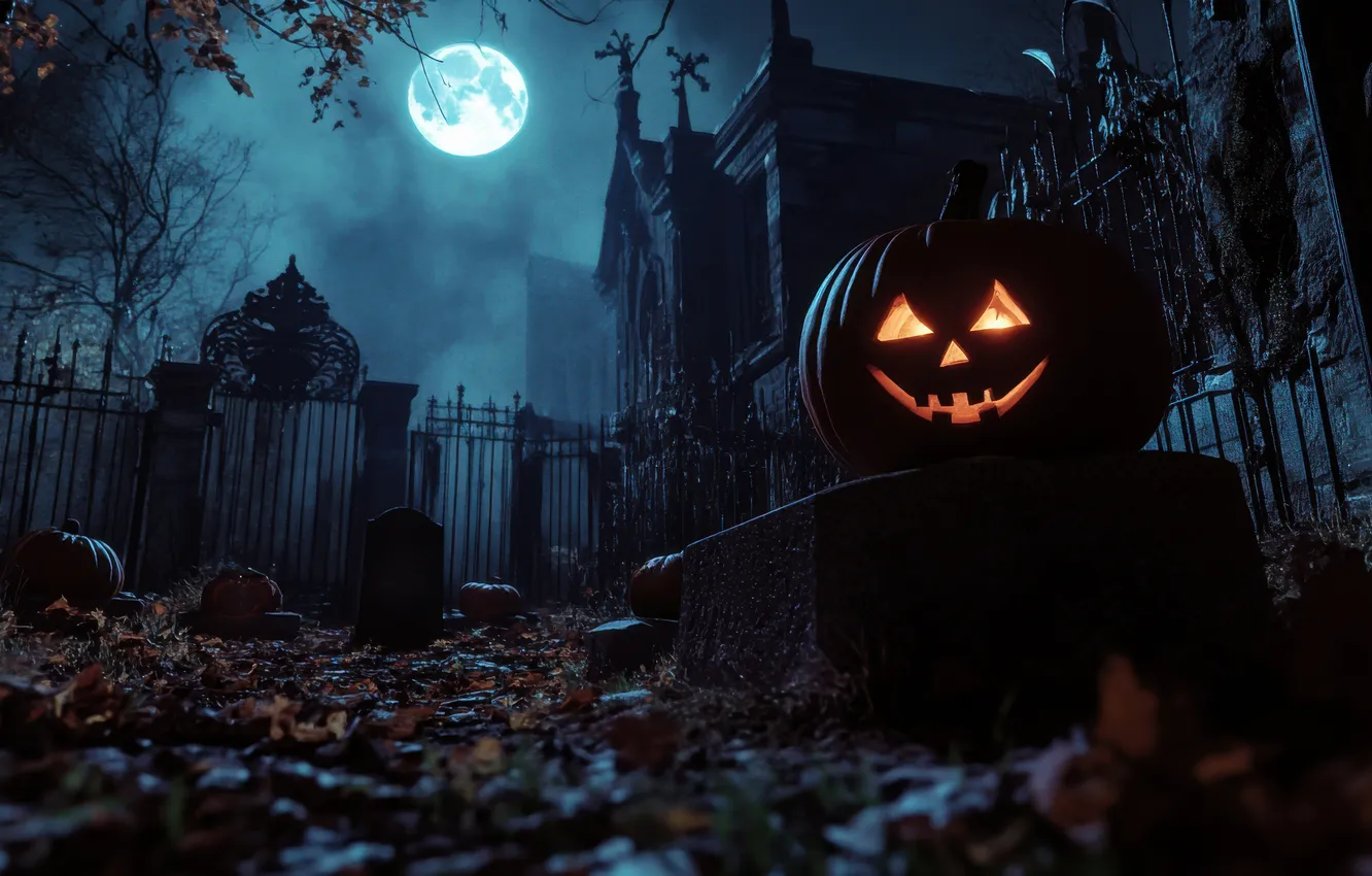 Photo wallpaper trees, night, the moon, cemetery, Halloween, pumpkin, Halloween, horror