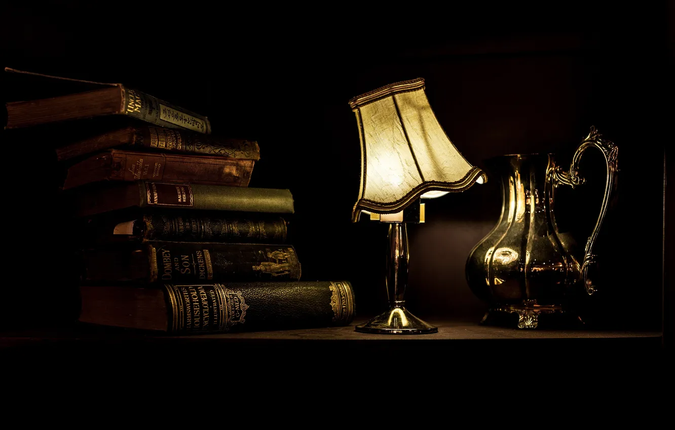 Photo wallpaper lamp, book, the dark background, vessel