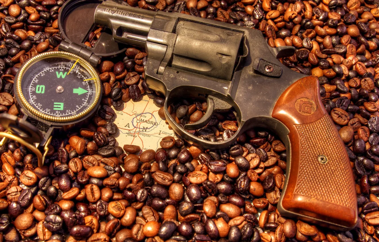 Photo wallpaper coffee, map, Spain, revolver, compass, grain, Madrid, six