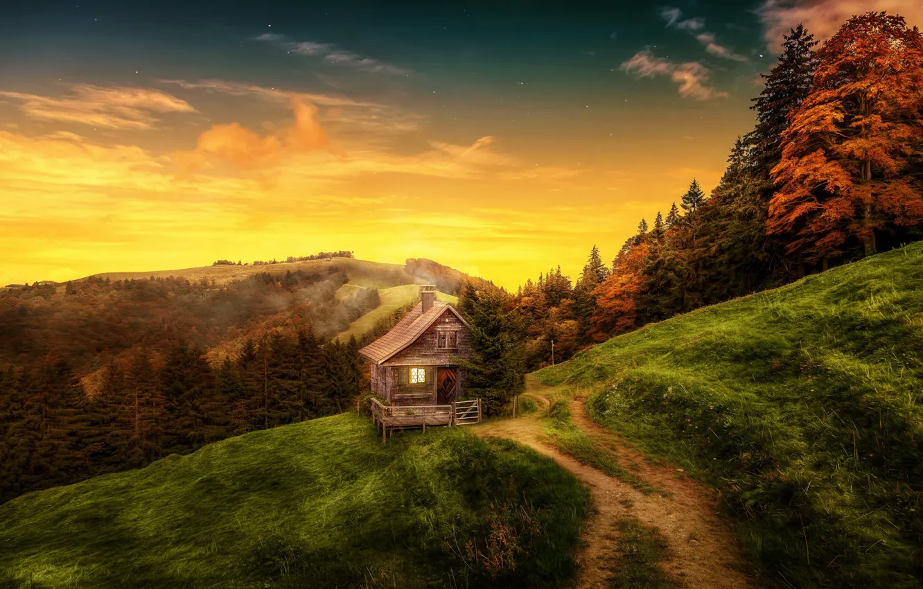 Photo wallpaper forest, mountains, house