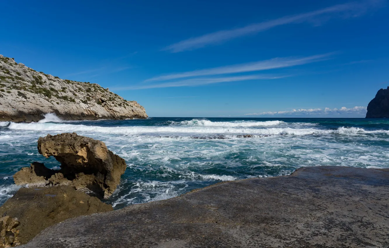 Photo wallpaper sea, wave, the sky, rocks, shore