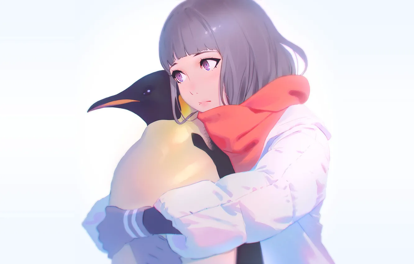 Photo wallpaper background, girl, penguin