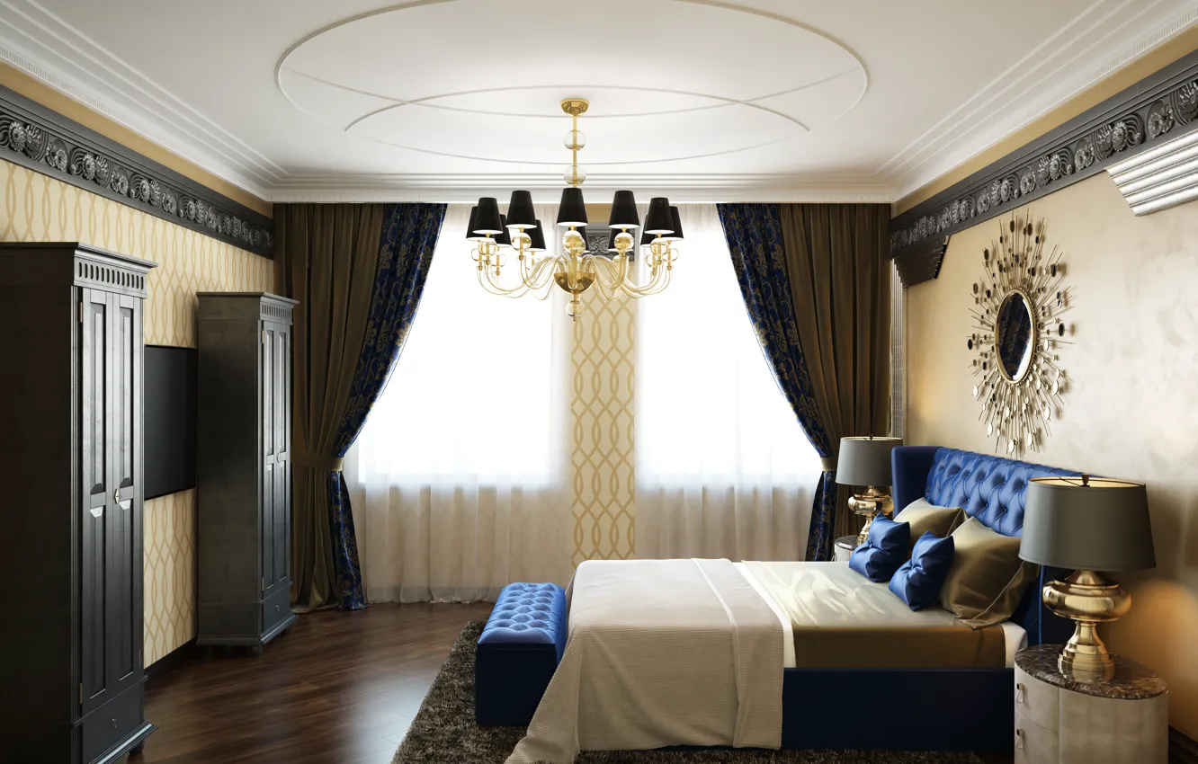 Photo wallpaper furniture, bed, mirror, window, chandelier, bedroom