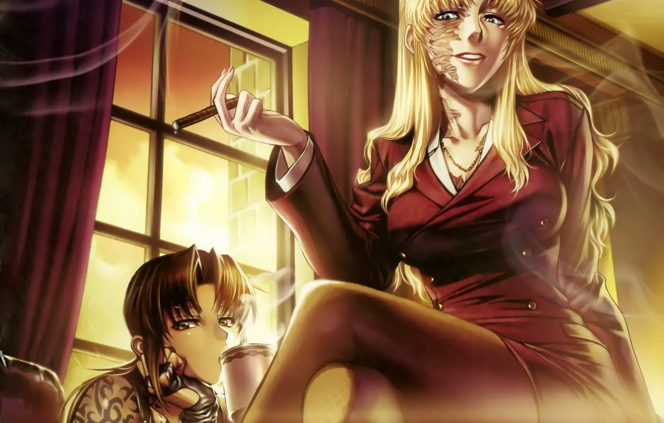 Photo wallpaper girls, smoke, anime, art, cigar, black lagoon, revy, pirates of the black lagoon