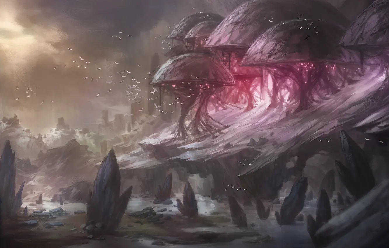 Photo wallpaper landscape, rocks, mushrooms, art, fantasy world