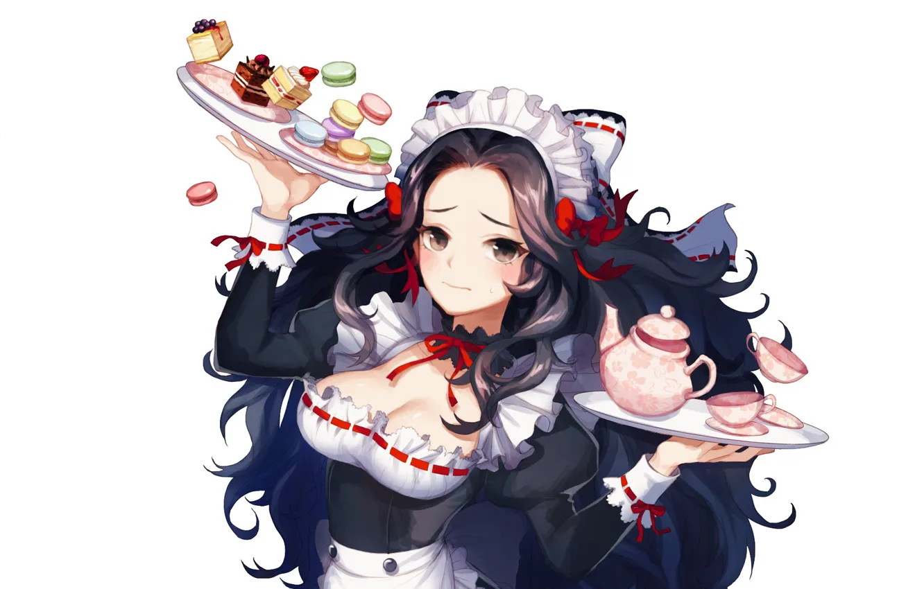 Photo wallpaper kettle, neckline, white background, uniform, the maid, tray, ruffles, bezel