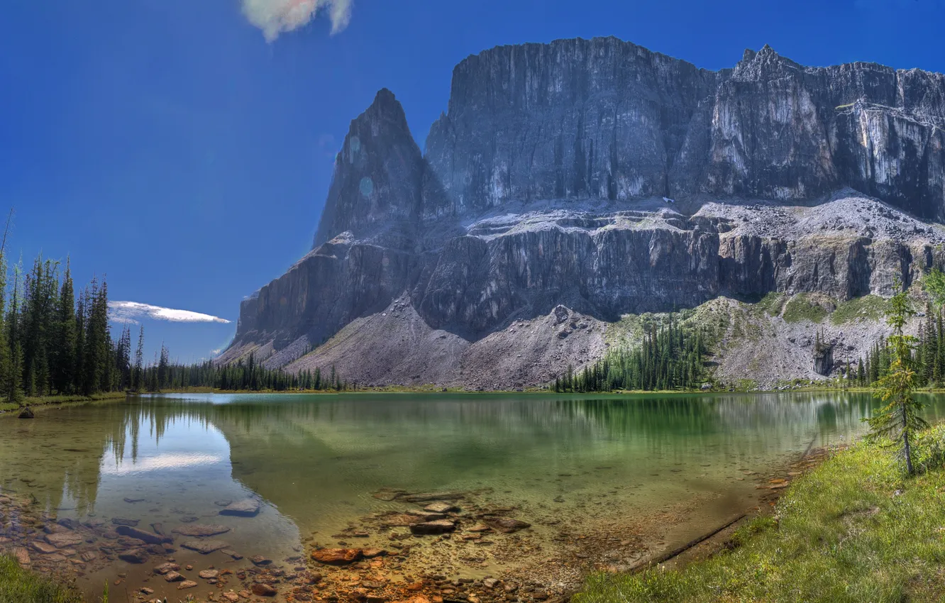 Photo wallpaper the sky, trees, mountains, lake, rocks, panorama