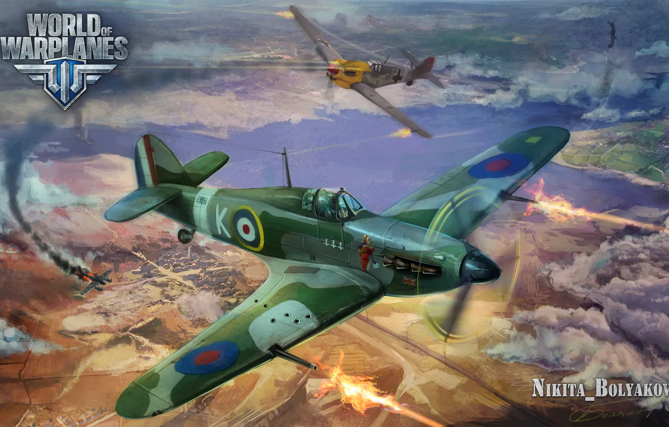 Photo wallpaper the plane, Messerschmitt, Spitfire, aviation, air, MMO, Wargaming.Net, World of Warplanes