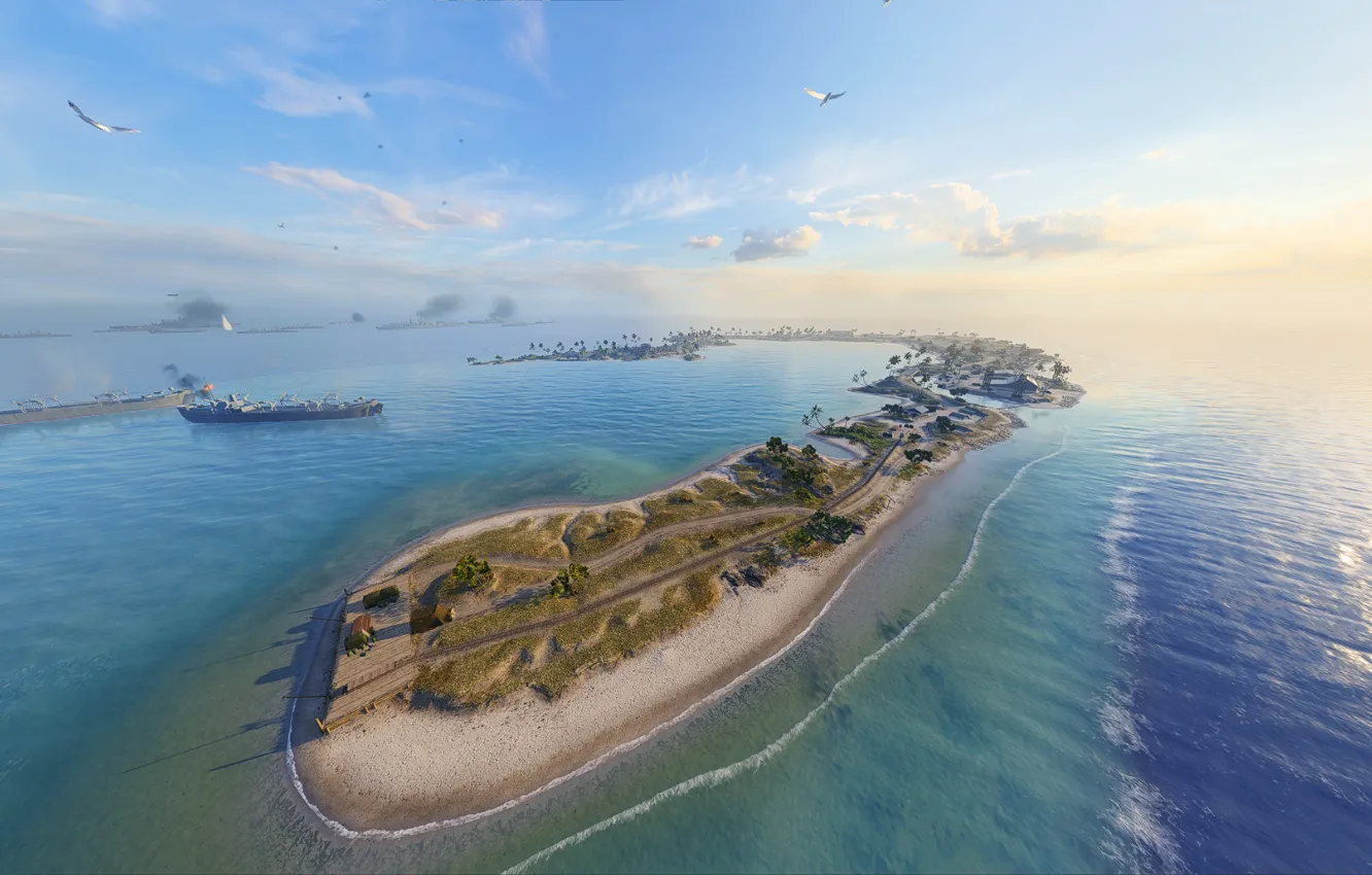 Photo wallpaper sea, island, seagulls, Battlefield V