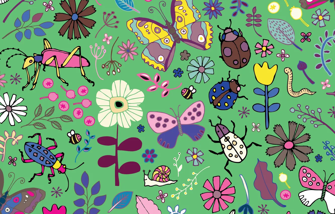 Photo wallpaper butterflies, blooms, Beetles