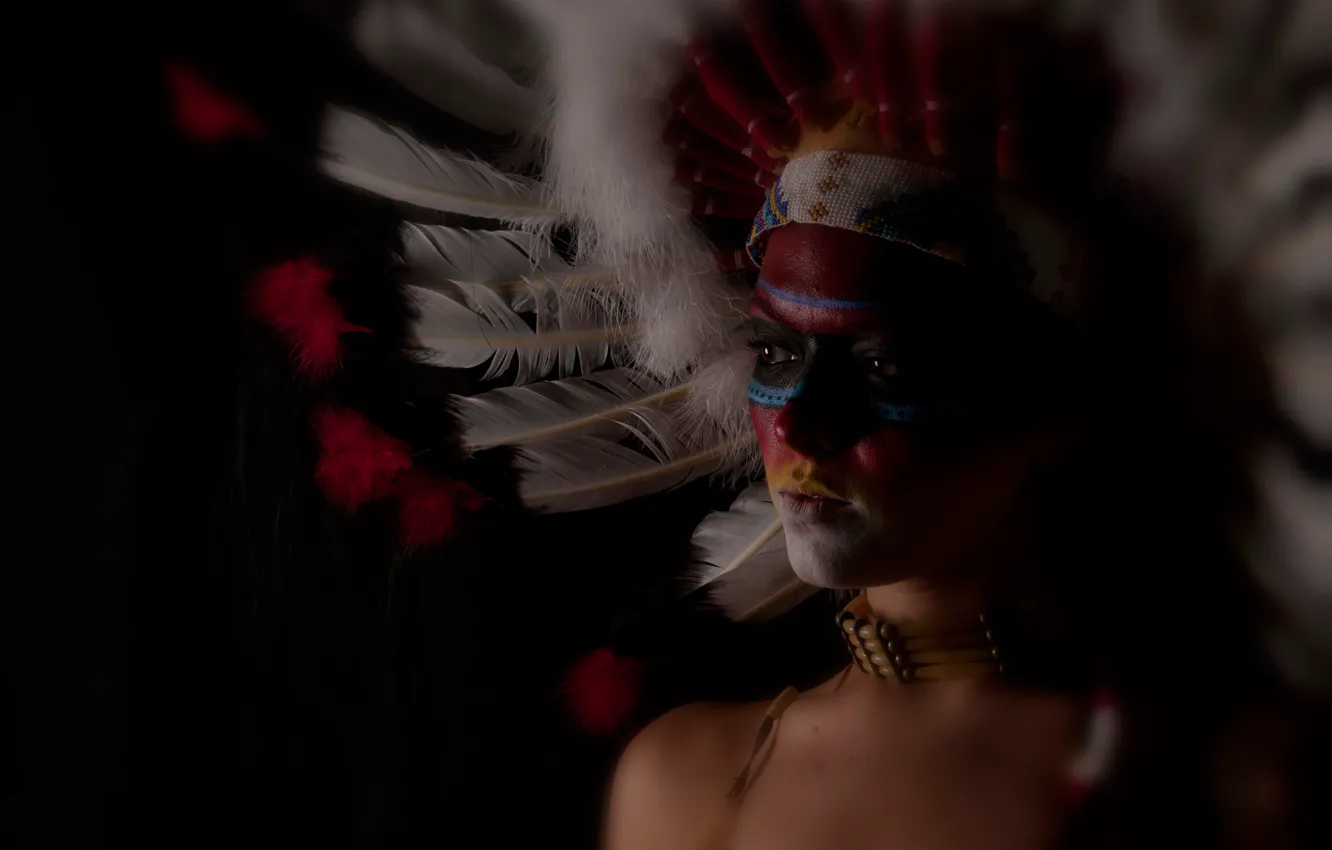 Photo wallpaper girl, face, background, feathers, paint, headdress