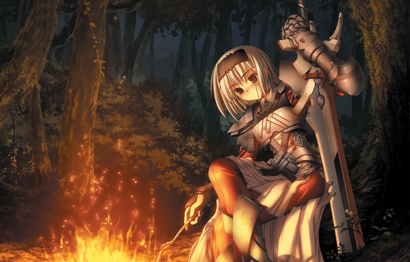 Photo wallpaper forest, girl, warrior, the fire