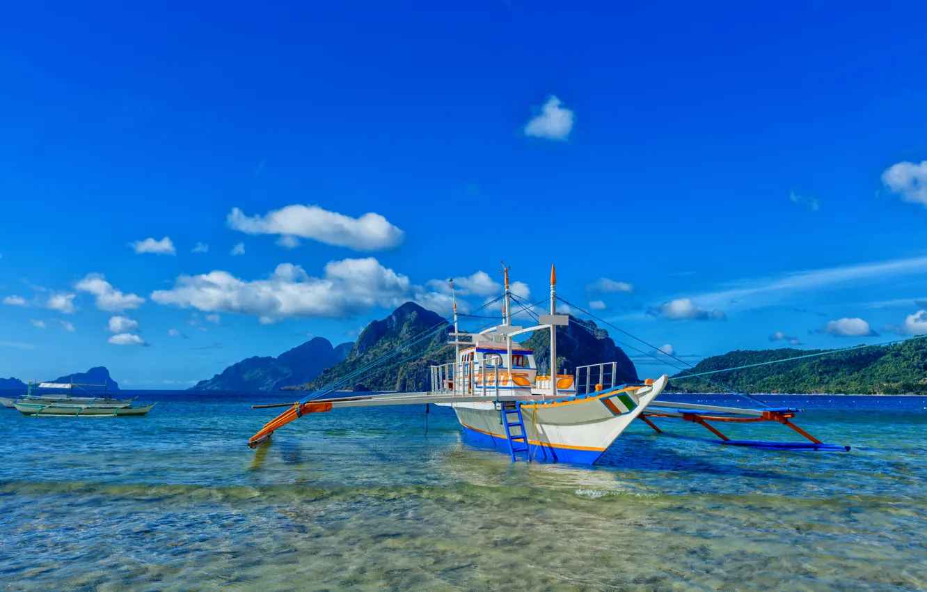 Photo wallpaper sea, the sky, clouds, tropics, boat, Philippines, Palawan Island
