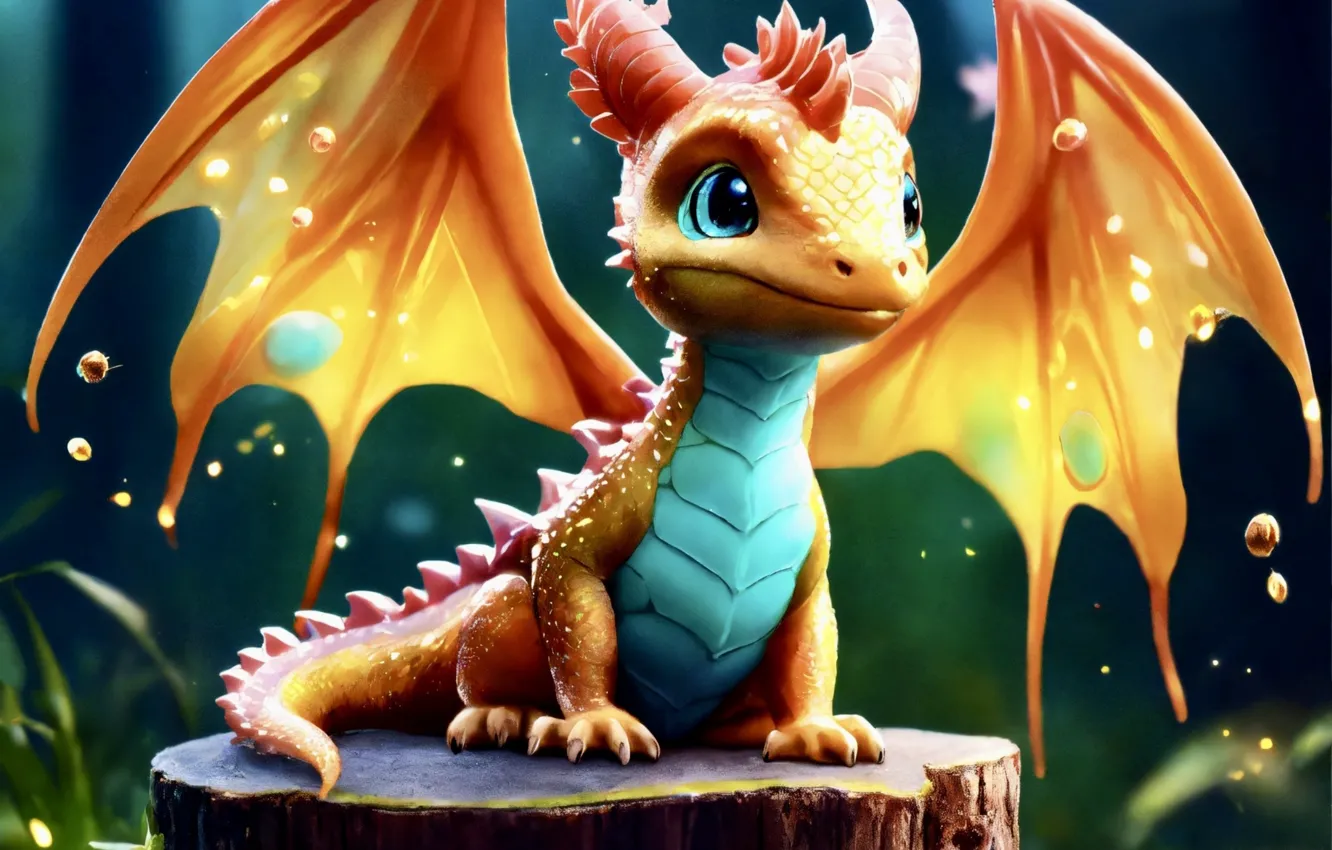 Photo wallpaper drops, yellow, dragon, stump, cub, face, dragon, horn