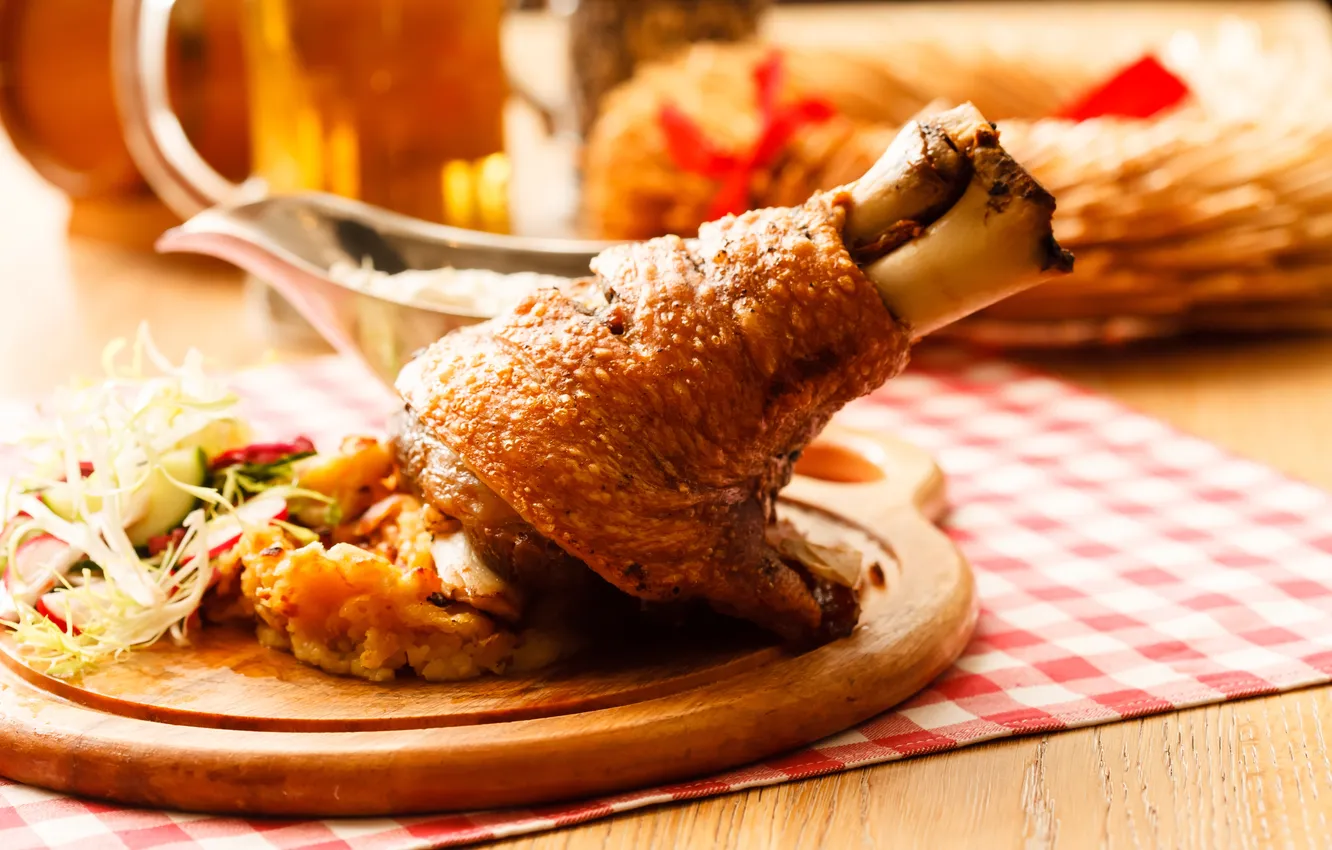 Photo wallpaper Christmas, wood, food, man, beer, meat, vegetables, salad