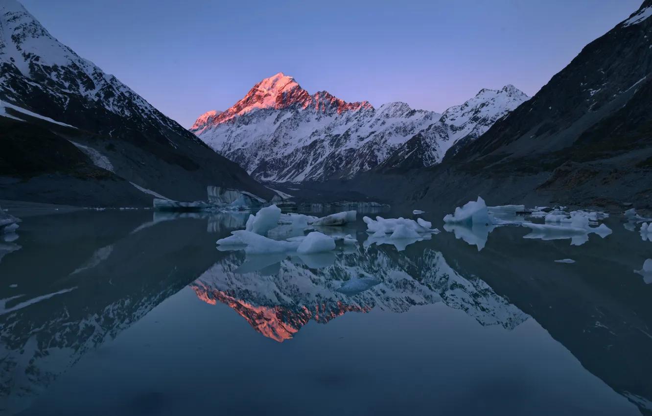 Photo wallpaper light, reflection, mountains, lake, ice, New Zealand, peaks, South island