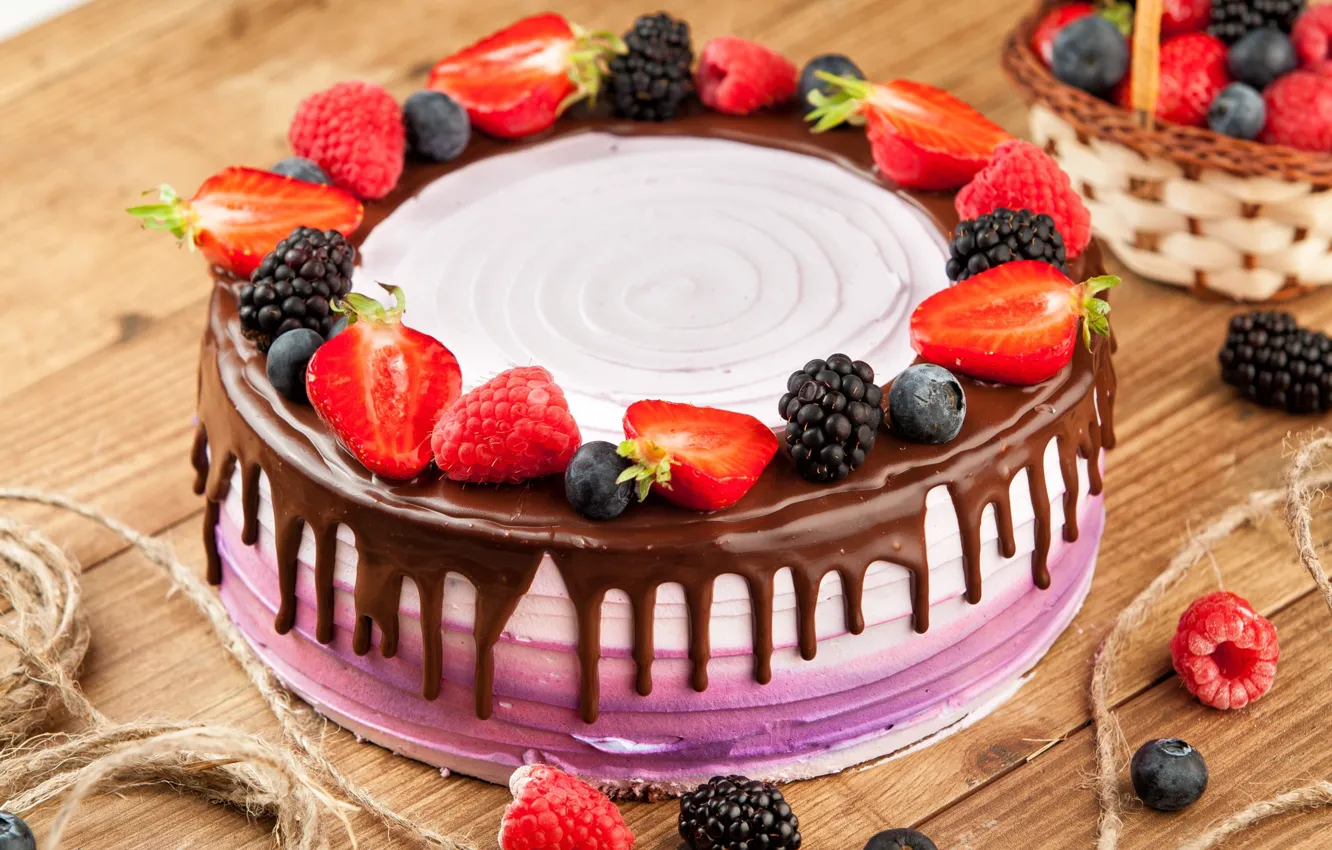 Photo wallpaper raspberry, chocolate, strawberry, cake, cream, BlackBerry, blueberries