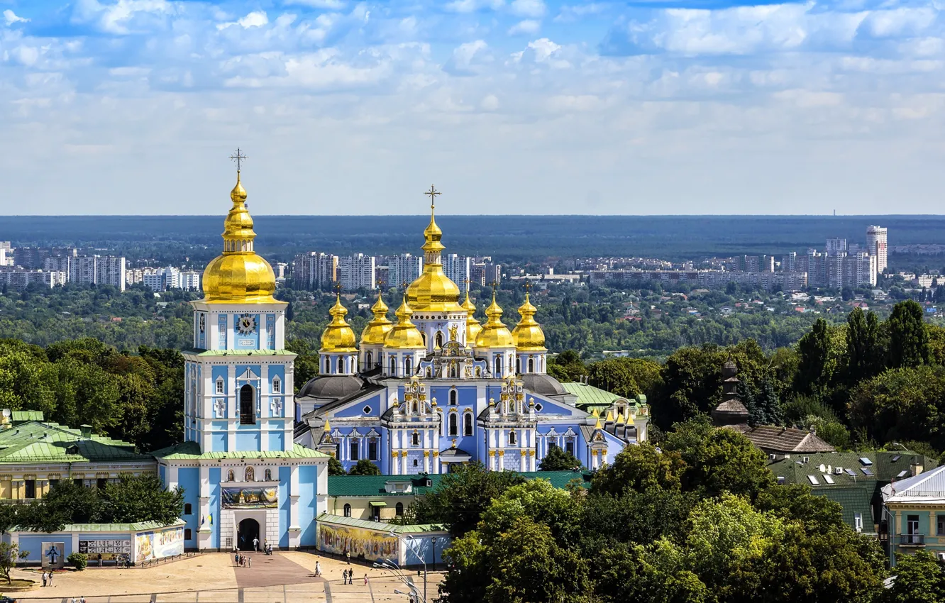 Photo wallpaper the sky, trees, home, panorama, Ukraine, the monastery, Kiev, the bell tower