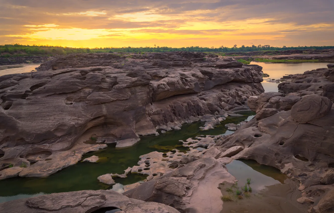 Photo wallpaper sunset, river, stones, rocks, Thailand, river, nature, stone