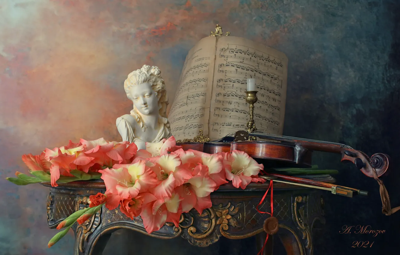 Photo wallpaper flowers, style, notes, background, violin, figurine, still life, candle holder